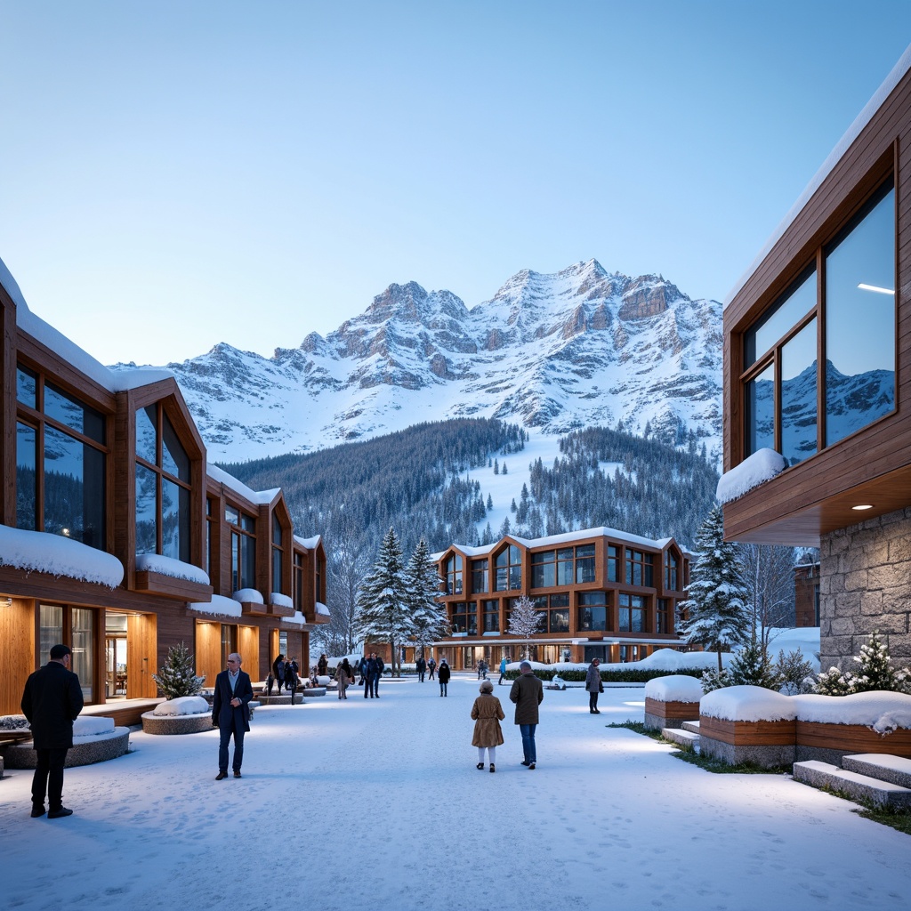 Prompt: Snow-capped mountains, frosty morning, wooden ski lodges, modernist ski center, sleek glass fa\u00e7ades, minimalist lines, angular rooflines, snowflake-inspired patterns, icy blue accents, warm wood tones, natural stone walls, LED lighting, dynamic shadows, dramatic cantilevers, 3/4 composition, shallow depth of field, panoramic view, realistic textures, ambient occlusion.