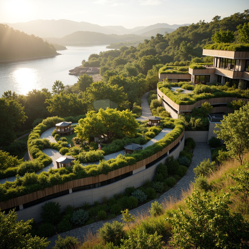 Prompt: Vibrant green roof, lush vegetation, organic curves, winding paths, natural stone walls, reclaimed wood accents, bio-inspired facades, solar panels, wind turbines, rainwater harvesting systems, eco-friendly materials, futuristic metabolism-inspired architecture, undulating hills, serene lake views, misty mornings, warm golden lighting, shallow depth of field, 1/1 composition, atmospheric perspective, detailed textures, ambient occlusion.