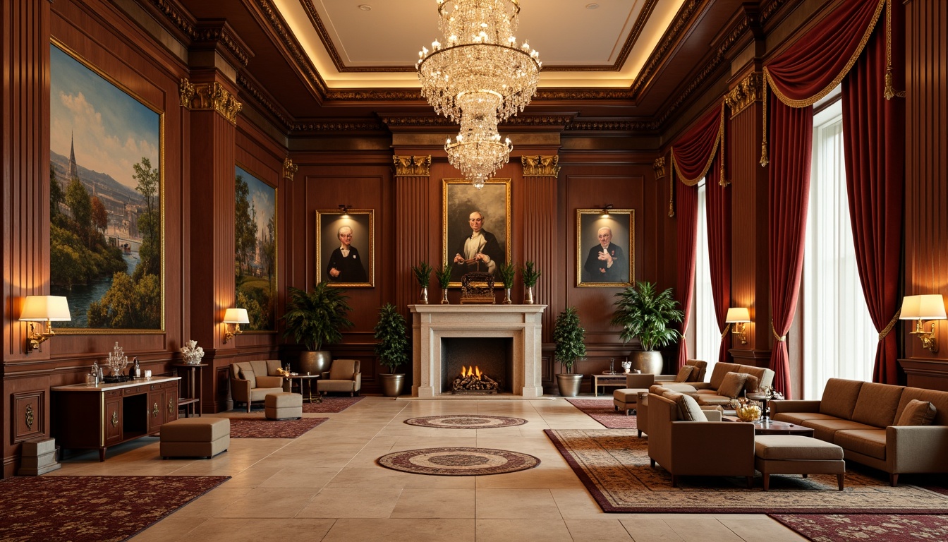 Prompt: Luxurious hotel lobby, grand chandeliers, rich wood paneling, ornate gold accents, plush velvet sofas, intricate carpet patterns, warm beige stone floors, decorative ceiling moldings, elegant drapery, soft warm lighting, Renaissance-inspired furnishings, classic oil paintings, marble countertops, crystal glassware, polished metal fixtures, inviting fireplace, comfortable seating areas, sophisticated color palette, luxurious textiles, refined architectural details.