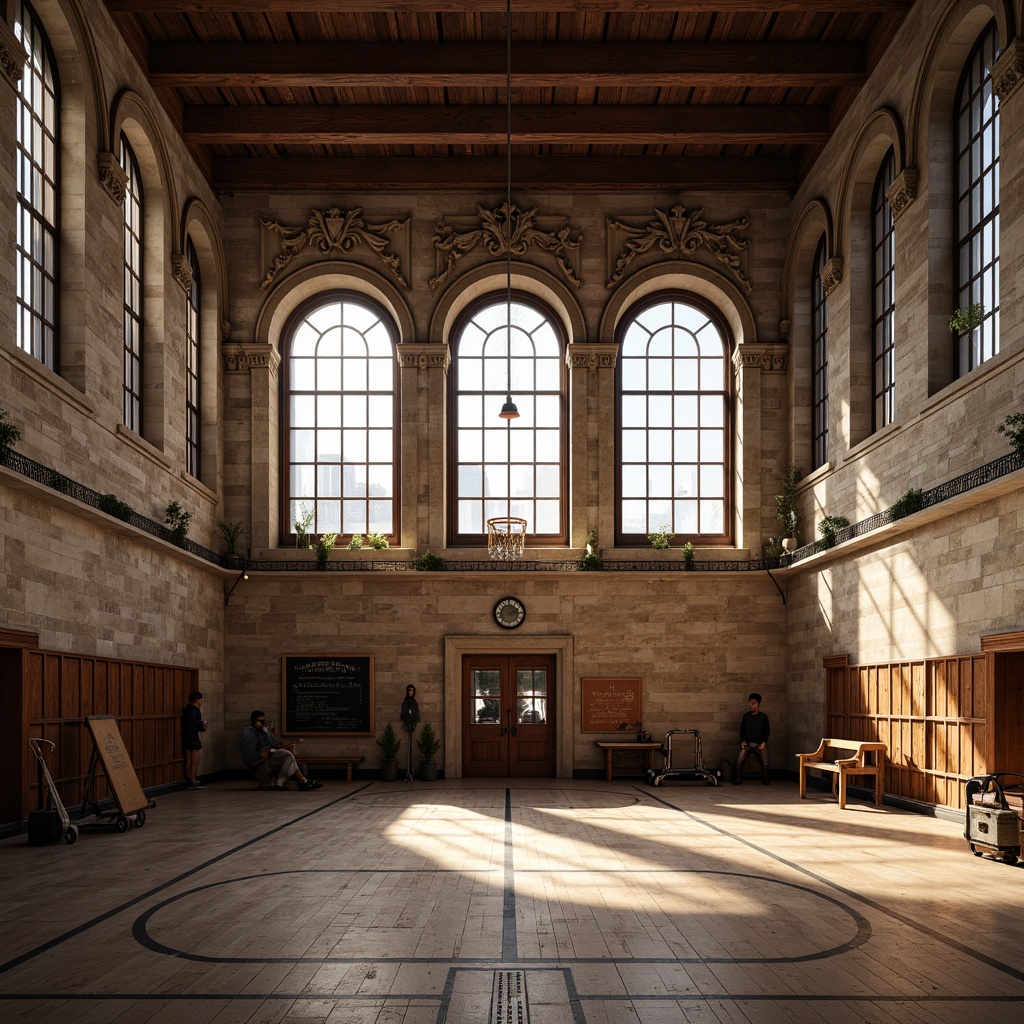 Prompt: Historic Renaissance gymnasium, grandiose high ceilings, large arched windows, ornate stone carvings, wooden floors, vintage sports equipment, nostalgic lockers, classic brick walls, rustic metal beams, abundant natural light, soft warm illumination, 1/2 composition, shallow depth of field, realistic textures, ambient occlusion, sunny day, subtle shadows, dramatic chiaroscuro.