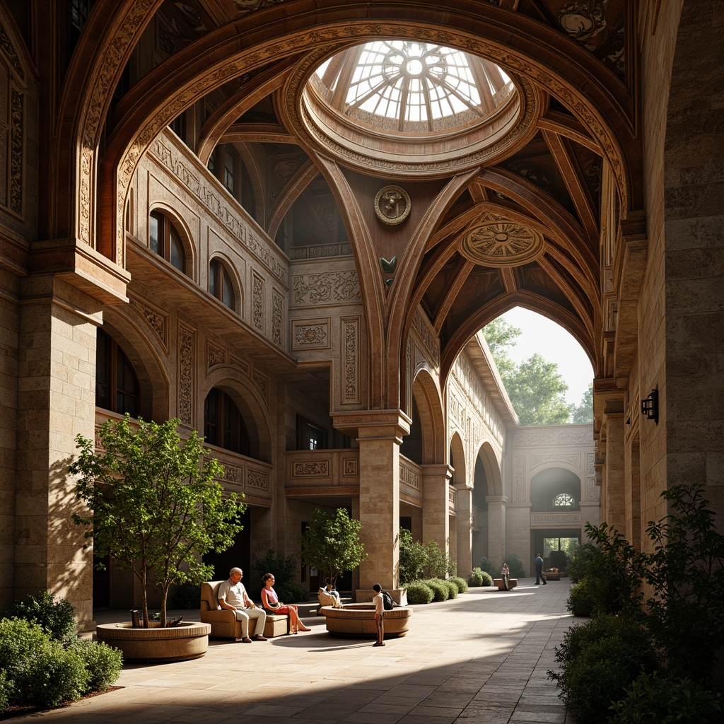 Prompt: Intricate monastery architecture, Byzantine style, grand arches, ornate carvings, golden mosaics, vaulted ceilings, clerestory windows, soft warm lighting, atmospheric shadows, richly textured stone walls, mystical ambiance, serene courtyards, lush greenery, peaceful fountain sounds, subtle fragrance of incense, 1/1 composition, realistic textures, ambient occlusion.