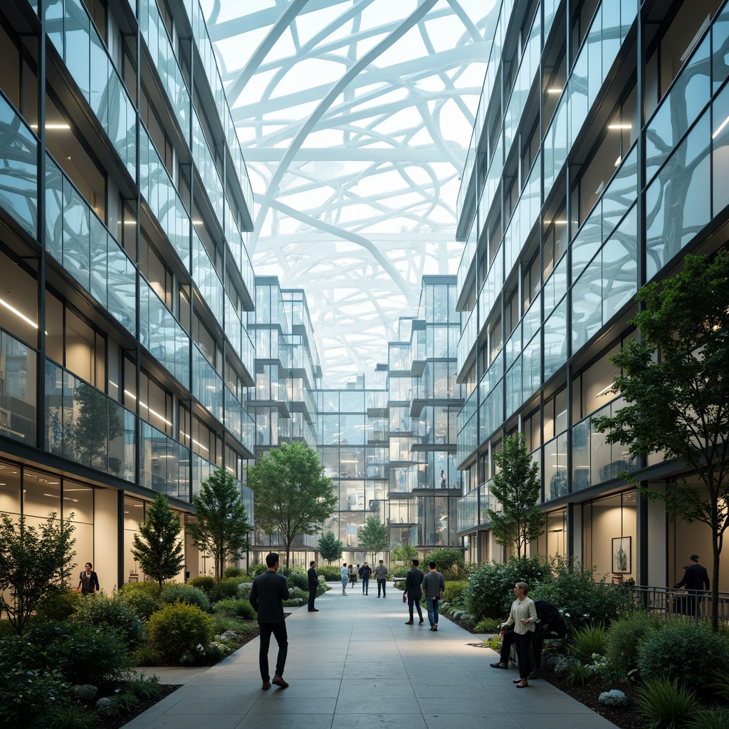 Prompt: Ethereal atrium, luminous ceiling, translucent glass walls, diffused natural light, subtle shading, minimalist interior, sleek metal framework, polished concrete floors, ambient occlusion, soft warm lighting, 1/1 composition, shallow depth of field, panoramic view, modern architecture, sustainable design, energy-efficient systems, green roofs, innovative materials, futuristic aesthetic, subtle color palette, intricate patterns, natural textures.