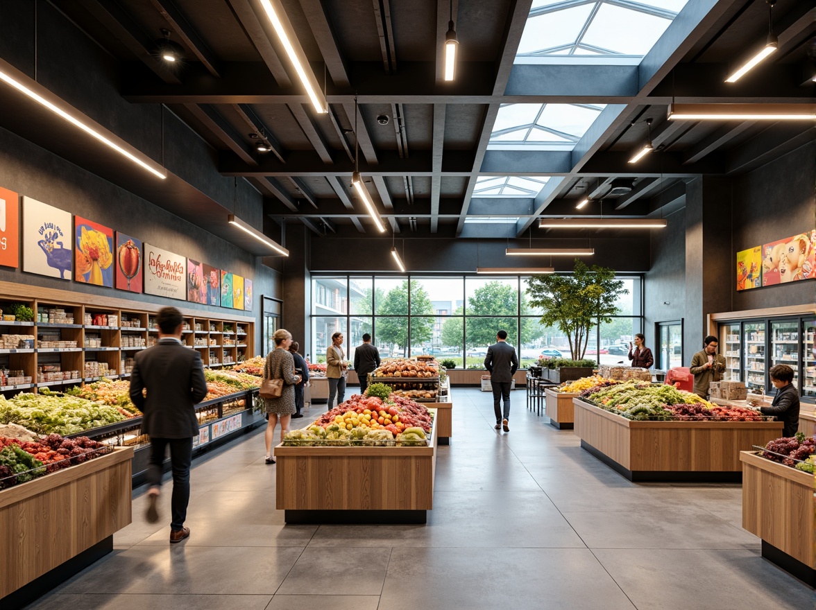 Prompt: Modern grocery store interior, high ceilings, sleek shelving units, polished concrete floors, energy-efficient LED lighting, suspended linear light fixtures, warm-toned wooden accents, fresh produce displays, vibrant colorful signage, refrigerated section, frozen food aisle, ambient occlusion, soft box lighting, 1/1 composition, realistic textures, morning sunlight filtering through skylights, bustling shopping atmosphere.