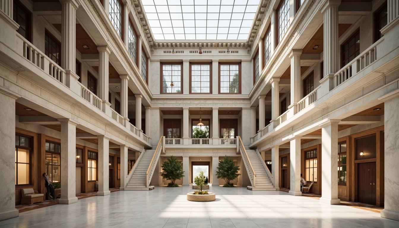 Prompt: Grand neoclassical facade, ornate stone carvings, symmetrical columns, sweeping staircases, high ceilings, large windows, glass skylights, clerestory windows, reflective white marble floors, soft warm lighting, natural illumination, subtle shading, 3/4 composition, panoramic view, realistic textures, ambient occlusion.