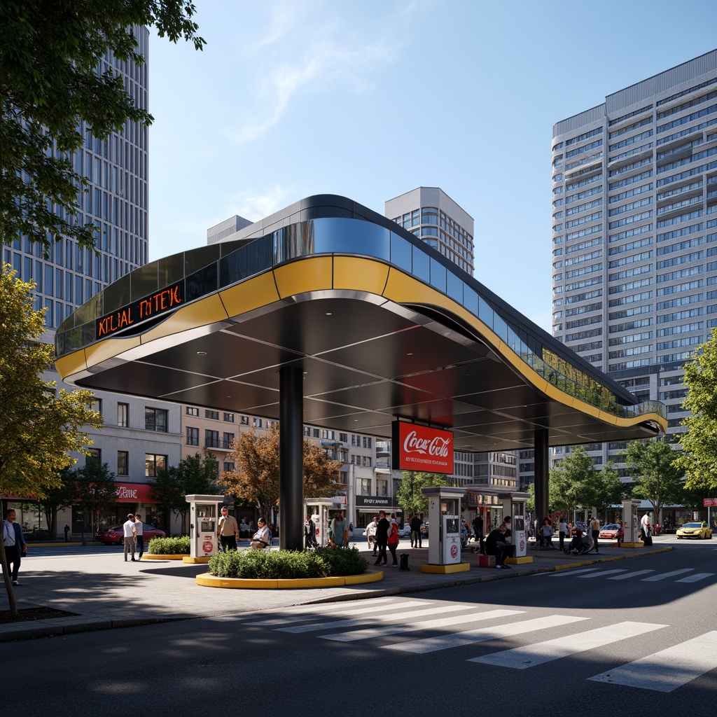 Prompt: Curved modern gas station, sleek metallic canopy, neon signage, LED lighting, futuristic fuel pumps, streamlined architecture, minimalist design, reflective glass surfaces, angular lines, bold typography, vibrant color schemes, geometric patterns, urban landscape, busy streets, cityscape, sunny day, high-contrast shadows, dramatic lighting effects, shallow depth of field, 2/3 composition, realistic textures, ambient occlusion.