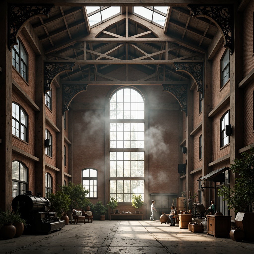 Prompt: Industrial warehouse interior, exposed truss ceiling, rustic wooden beams, ornate Gothic-inspired metal brackets, weathered brick walls, large arched windows, diffused natural light, atmospheric mist, dramatic shadows, vintage industrial machinery, distressed concrete floors, reclaimed wood accents, wrought iron details, grand cathedral-like space, symmetrical composition, low-key warm lighting, ambient occlusion, realistic textures.