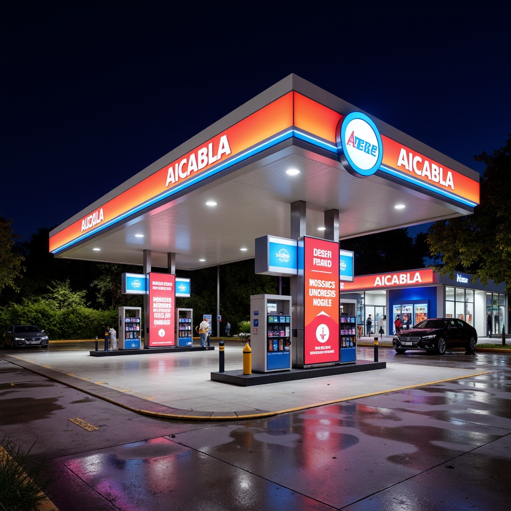 Prompt: Vibrant gas station, bold branding, sleek canopy design, LED price signage, wayfinding directional signs, promotional banners, backlit logo displays, 3D lettering, stainless steel fixtures, modern fuel pumps, high-contrast color scheme, nighttime illumination, shallow depth of field, wide-angle shot, realistic reflections, ambient occlusion.