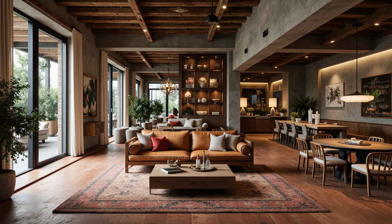 Prompt: Rustic wooden accents, distressed metal frames, earthy terracotta tiles, luxurious velvet fabrics, sleek glass surfaces, industrial concrete walls, minimalist steel beams, reclaimed wood planks, rich leather upholstery, intricate stone carvings, ornate ceramic vases, soft warm lighting, shallow depth of field, 3/4 composition, panoramic view, realistic textures, ambient occlusion.