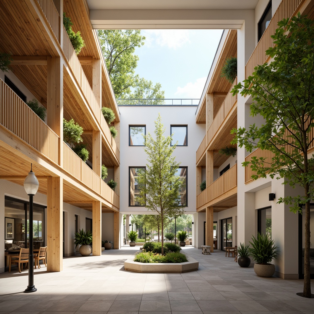 Prompt: Vibrant community center, open atrium, natural light pouring in, wooden accents, warm beige tones, comfortable seating areas, lush greenery, hanging plants, floor-to-ceiling windows, minimalist decor, neutral color palette, airy atmosphere, soft shadows, subtle textures, 1/1 composition, shallow depth of field, realistic renderings, ambient occlusion.