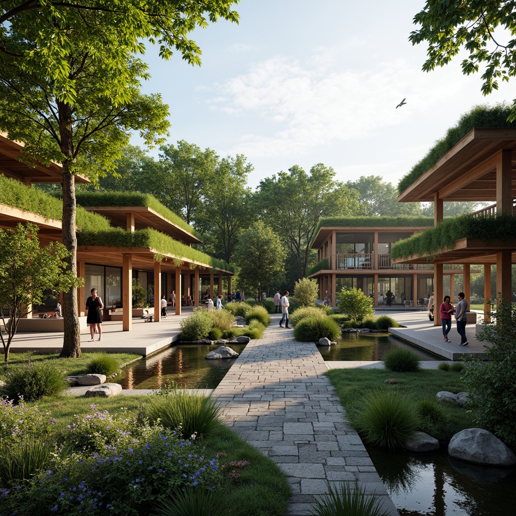 Prompt: Soothing rehabilitation center, minimalist architecture, green roofs, natural stone walls, wooden accents, serene water features, peaceful gardens, lush vegetation, calm ponds, walking paths, meditation areas, bamboo forests, warm lighting, shallow depth of field, 1/1 composition, soft focus, gentle color palette, organic textures, ambient occlusion.