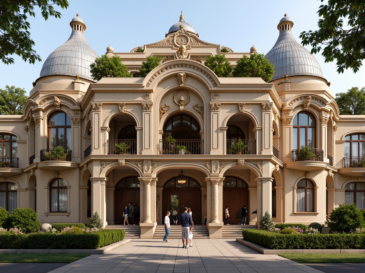 Prompt: Ornate bank building, Renaissance-style architecture, grandiose entrance, marble columns, intricate stone carvings, ornamental facades, lavish decorations, gilded accents, symmetrical composition, natural light pouring in, warm beige color palette, subtle texture variations, realistic material reflections, ambient occlusion, 1/1 camera ratio, soft focus on background, high contrast lighting, innovative roof detailing, curved metal shingles, decorative roof tiling, ornate roof finials, grandiose roof lanterns, luxurious rooftop gardens.