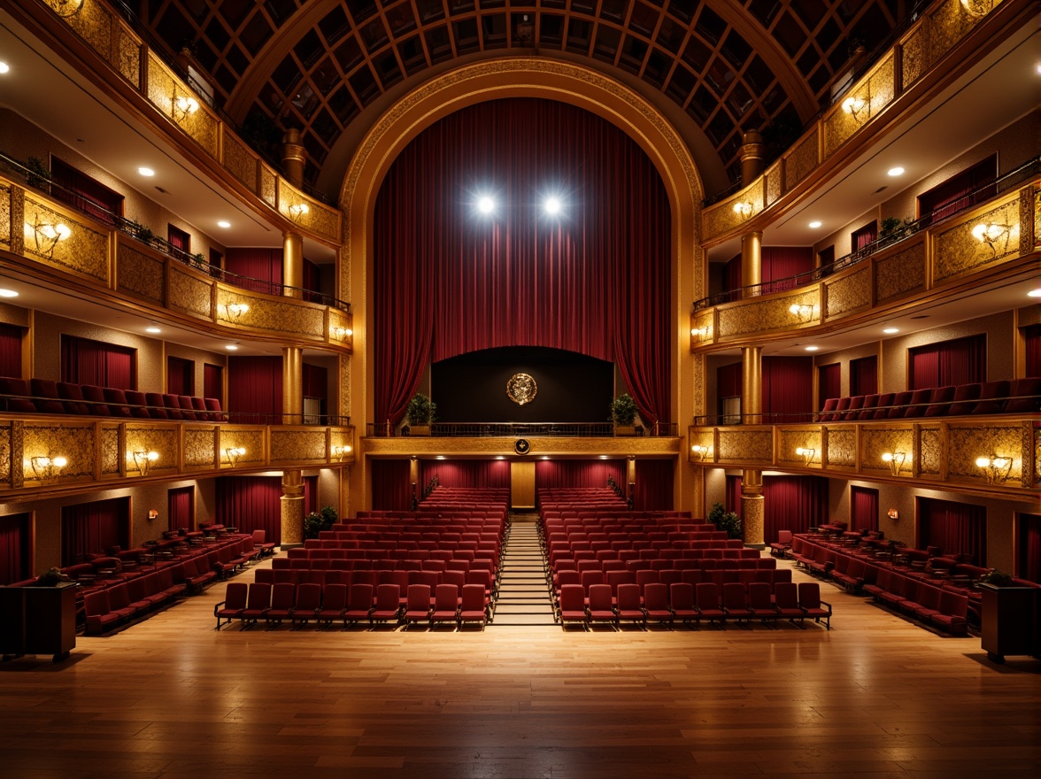 Prompt: Elegant concert hall, polished wooden floors, sound-absorbing panels, velvet curtains, golden balconies, ornate chandeliers, plush red seats, intimate stage settings, warm spotlighting, dramatic lighting transitions, shallow depth of field, 2/3 composition, soft focus, ambient occlusion, realistic textures, subtle reverberation effects, optimal speaker placement, acoustic diffusers, soundproofing materials, noise reduction systems.