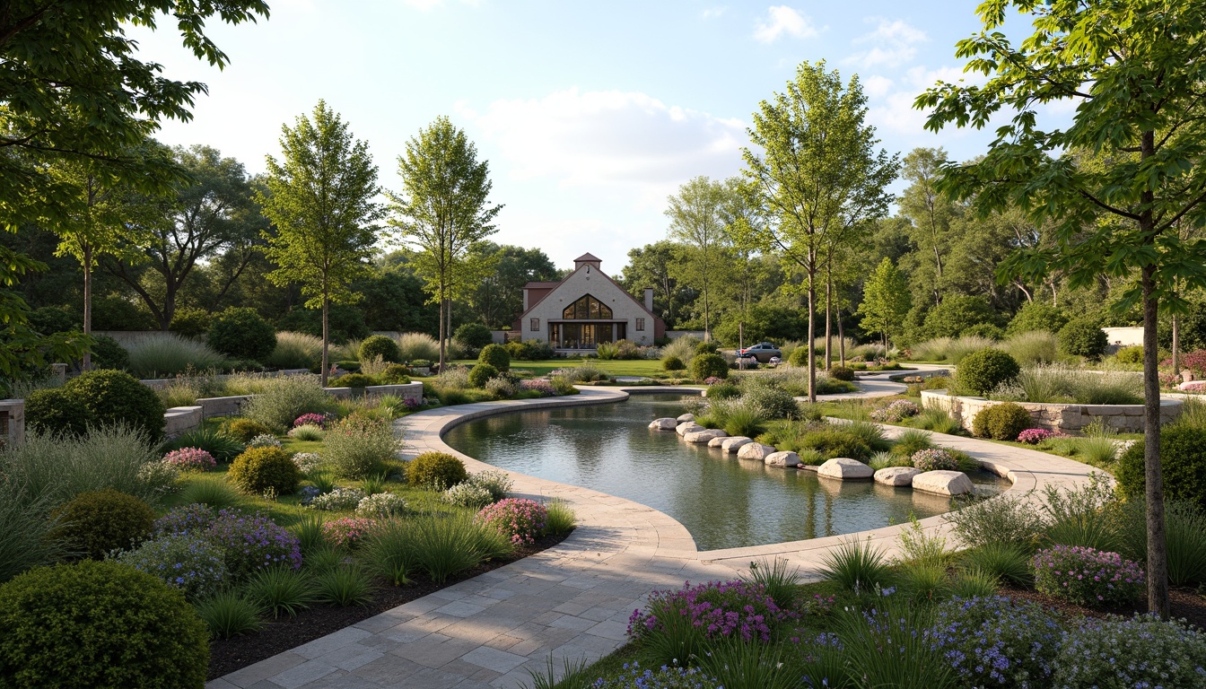 Prompt: Harmonious landscape integration, lush greenery, natural stone walls, meandering pathways, serene water features, vibrant flower beds, native plant species, organic shapes, earthy color palette, seamless transitions, contextual architecture, eco-friendly materials, sustainable design solutions, panoramic views, shallow depth of field, 1/1 composition, soft warm lighting.