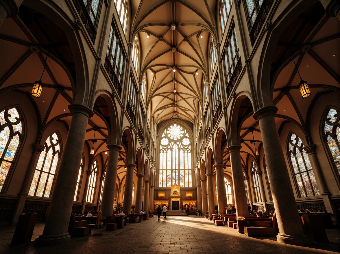 Prompt: Intricate stone tracery, stained glass windows, majestic cathedrals, ribbed vaults, pointed arches, flying buttresses, ornate facades, grand entranceways, towering spires, dramatic verticality, warm golden lighting, rich textures, high contrast, atmospheric perspective, cinematic composition, realistic reflections, intricate details.