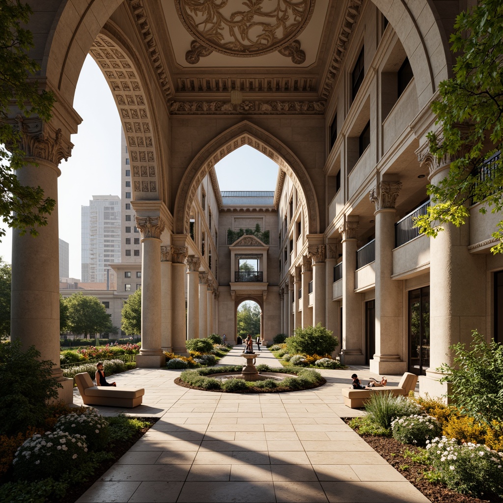 Prompt: Grandiose bank headquarters, Renaissance-inspired fa\u00e7ade, ornate stone carvings, symmetrical columns, vaulted ceilings, lavish chandeliers, intricate moldings, formal gardens, manicured lawns, walking paths, tranquil water features, seasonal flower arrangements, natural stone paving, ornamental fountains, classical sculptures, elegant benches, warm afternoon sunlight, soft diffused lighting, 1/1 composition, realistic textures, ambient occlusion.