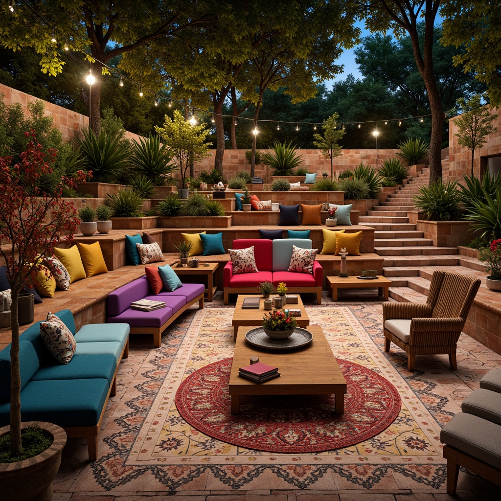 Prompt: Vibrant amphitheater, eclectic seating arrangement, colorful mismatched chairs, rustic wooden benches, plush velvet sofas, Moroccan-inspired tiles, geometric patterned rugs, lush greenery, natural stone walls, curved staircases, warm string lighting, dramatic spotlights, 3/4 composition, shallow depth of field, realistic textures, ambient occlusion.