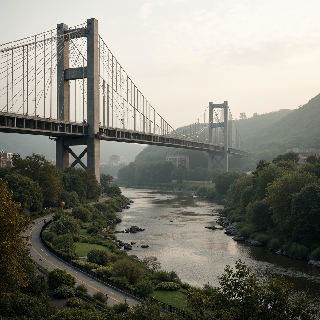 Prompt: Riverbank setting, lush vegetation, meandering waterways, natural stone piers, cable-stayed bridge design, sleek modern architecture, metallic structures, suspension cables, pedestrian walkways, bike lanes, scenic overlooks, panoramic views, misty morning atmosphere, soft warm lighting, shallow depth of field, 3/4 composition, realistic textures, ambient occlusion.Please let me know if this meets your requirements.