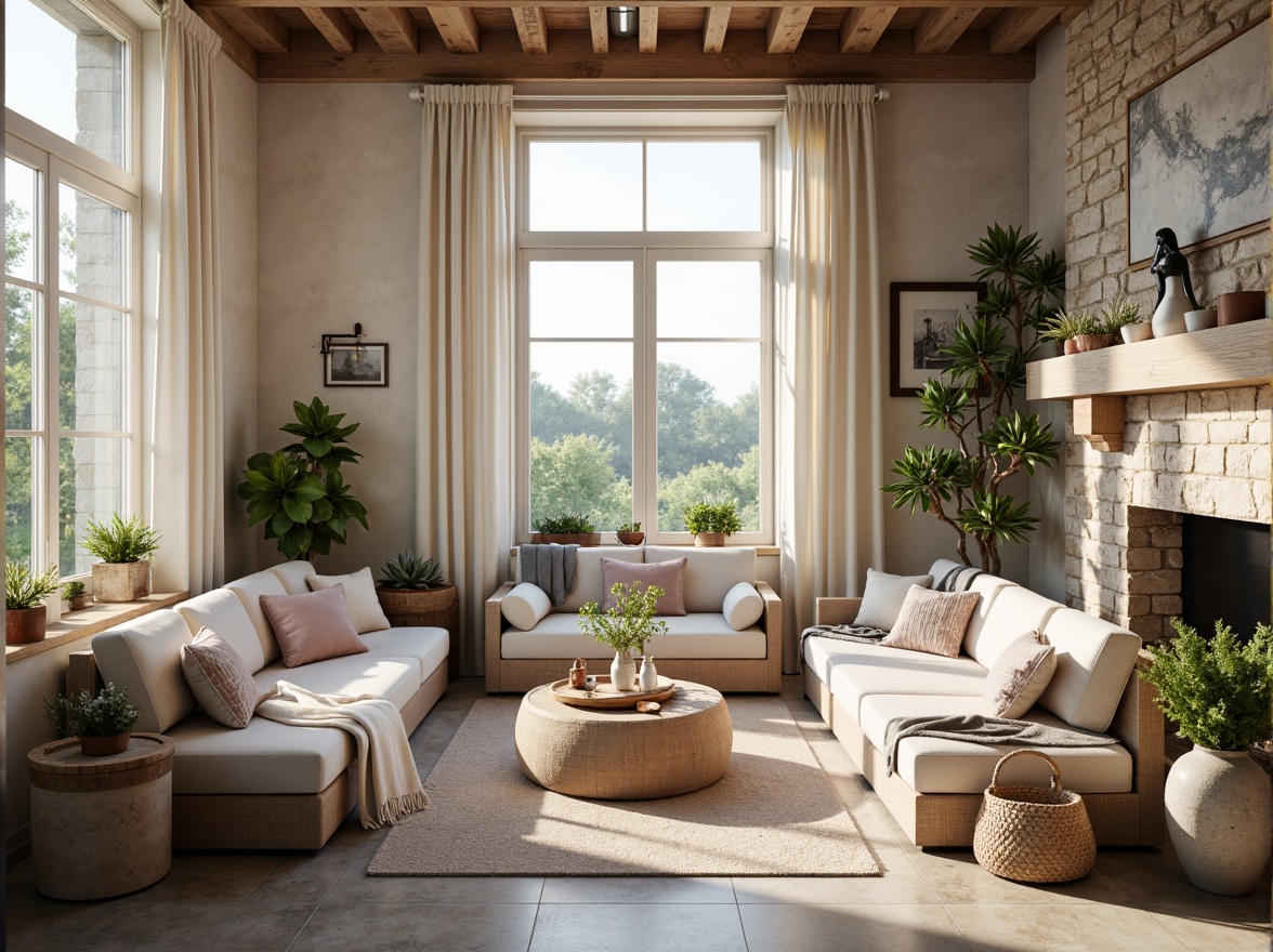 Prompt: Soft pastel hues, calming atmosphere, serene natural scenery, gentle warm lighting, creamy whites, pale blues, mauve accents, earthy terracotta, mossy greens, weathered wood textures, vintage metal fixtures, distressed stone walls, cozy intimate spaces, inviting furniture arrangements, 1/2 composition, soft focus, ambient occlusion.