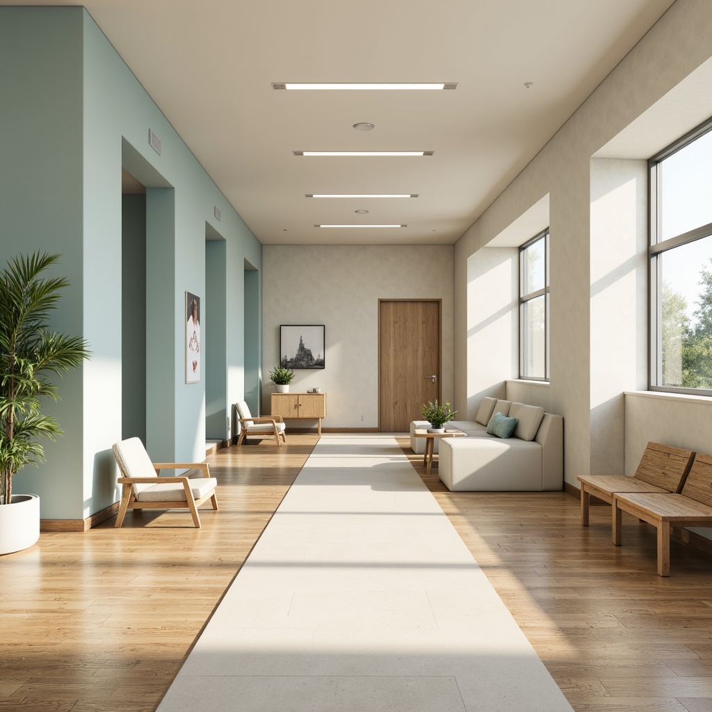 Prompt: Calming clinic interior, soothing pastel hues, gentle beige walls, soft blue accents, natural wood tones, warm cream flooring, subtle patterned textiles, minimalist modern furniture, sleek metal fixtures, calming greenery, serene ambiance, soft diffused lighting, shallow depth of field, 1/1 composition, realistic renderings, ambient occlusion.