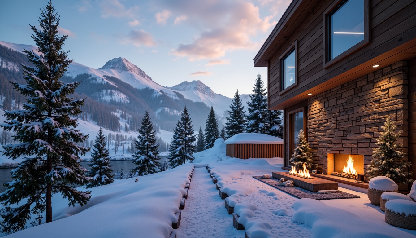 Prompt: Snow-capped mountains, frosty mornings, wooden ski lodges, rustic stone walls, warm candlelit interiors, cozy fireplaces, rich wood tones, earthy brown colors, icy blue accents, snowflake patterns, frozen lake scenery, evergreen trees, misty mountain air, soft powdery snowfall, golden hour lighting, atmospheric perspective, 1/1 composition, cinematic depth of field.