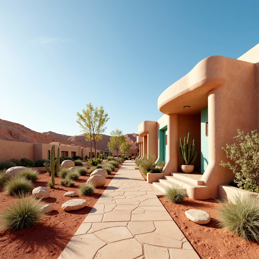 Prompt: Earthy desert landscape, sandy dunes, cactus plants, hot sunny day, clear blue sky, vast open space, modern desert architecture, curved organic buildings, adobe-inspired structures, warm beige stucco walls, turquoise accents, terracotta roof tiles, natural stone flooring, earthy red hues, soft warm lighting, shallow depth of field, 3/4 composition, panoramic view, realistic textures, ambient occlusion.