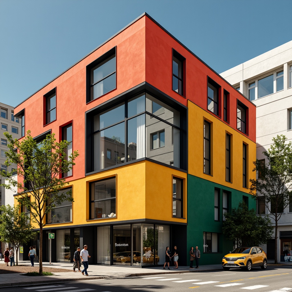 Prompt: Geometric building facade, primary color scheme, industrial materials, rectangular windows, minimalist ornamentation, clean lines, functional simplicity, urban cityscape, modernist architecture, brutalist concrete, steel beams, glass blocks, abstract patterns, grid-based composition, high contrast lighting, dramatic shadows, 2-point perspective, bold typography, avant-garde aesthetics.