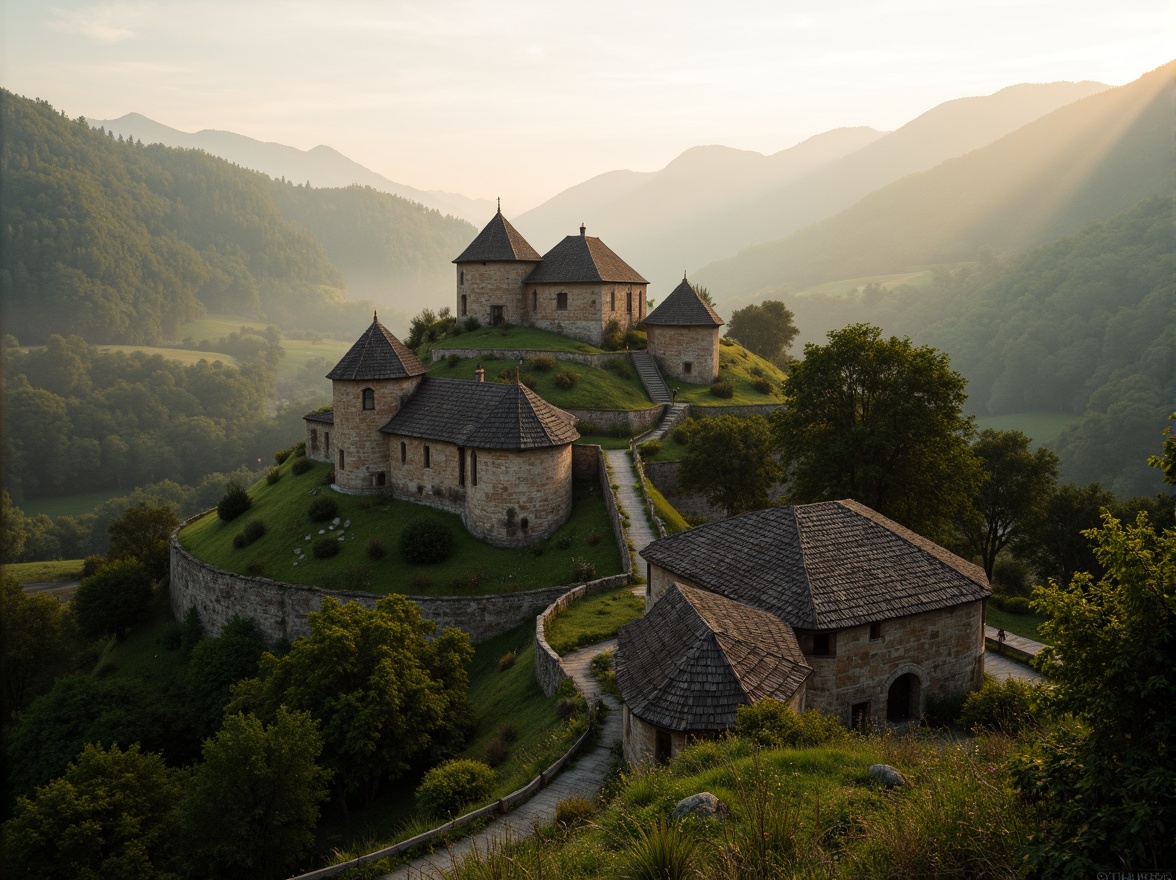 Prompt: \Secluded hilltop, ancient watchtowers, weathered stone walls, moss-covered roofs, overgrown vegetation, winding mountain paths, misty dawn atmosphere, soft warm lighting, 3/4 composition, panoramic view, realistic textures, ambient occlusion, rural landscape, rolling hills, deciduous forests, serene natural ambiance, subtle fog effects.\