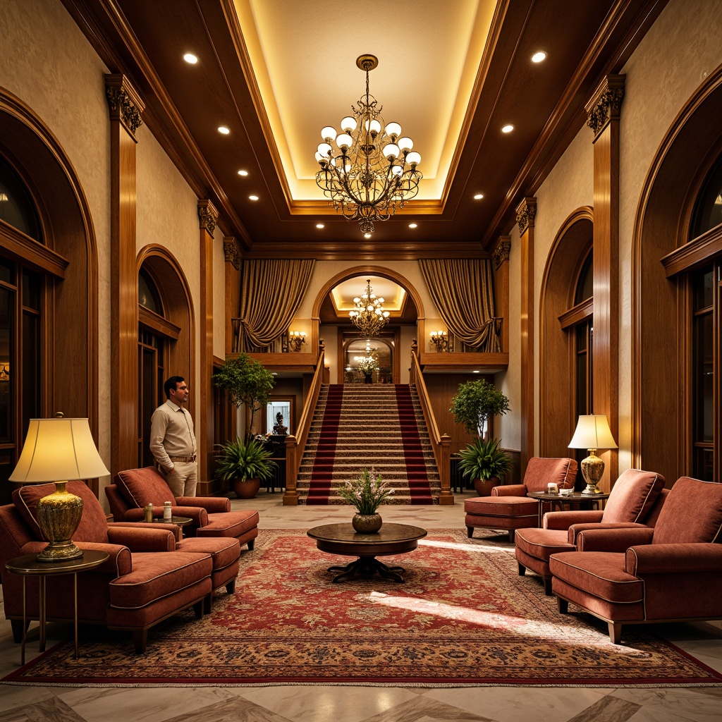 Prompt: Luxurious hotel lobby, ornate chandeliers, intricately patterned rugs, velvet sofas, golden accents, rich wood paneling, grand staircase, marble floors, opulent drapery, lavish furnishings, classical arches, ornamental columns, warm inviting ambiance, soft golden lighting, shallow depth of field, 1/1 composition, panoramic view, realistic textures, ambient occlusion.