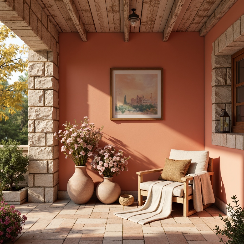 Prompt: Vibrant peach hues, soft blush tones, warm beige accents, rich terracotta backgrounds, rustic stonewalls, whimsical florals, distressed wood textures, earthy ceramic vases, sun-kissed outdoor settings, afternoon golden light, shallow depth of field, 1/2 composition, realistic fabric folds, ambient occlusion.