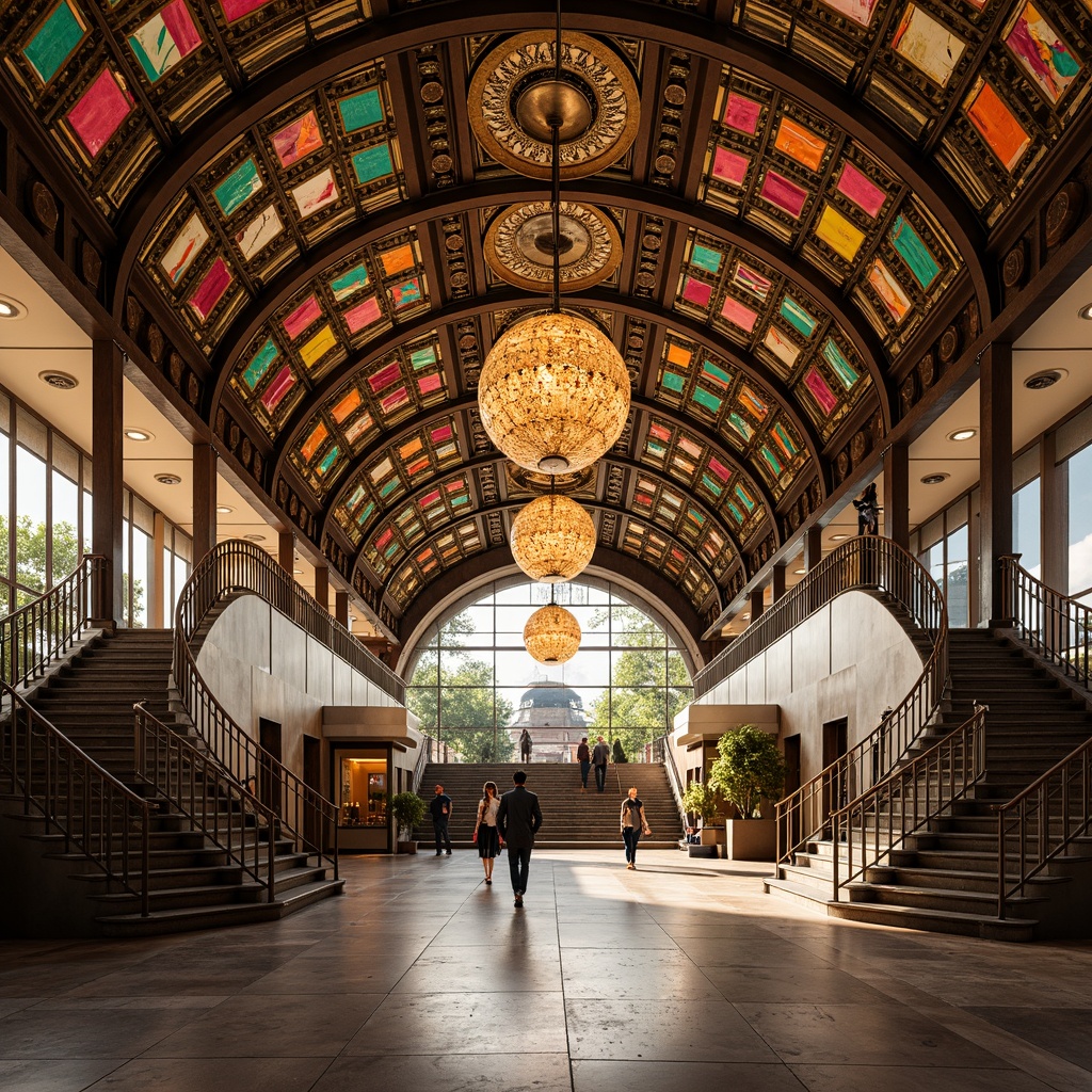 Prompt: Opulent tram station, ornate metalwork, geometric patterns, luxurious chandeliers, intricately designed ceilings, vibrant colored glass tiles, sleek lines, modernist architecture, metallic accents, glossy finishes, polished marble floors, grand staircases, ornamental railings, symmetrical compositions, low-angle lighting, warm golden tones, 1/2 composition, shallow depth of field, realistic textures, ambient occlusion.