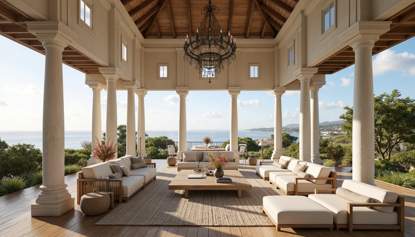 Prompt: Seaside mansion, ornate facade, columns, arches, symmetrical composition, neutral color palette, creamy whites, soft blues, sandy beiges, wooden accents, distressed finishes, vintage nautical decor, antique furnishings, plush area rugs, grand chandeliers, oversized windows, ocean views, natural textiles, woven fibers, linen upholstery, rustic wood flooring, open-plan living space, high ceilings, airy atmosphere, warm golden lighting, shallow depth of field, 2/3 composition.