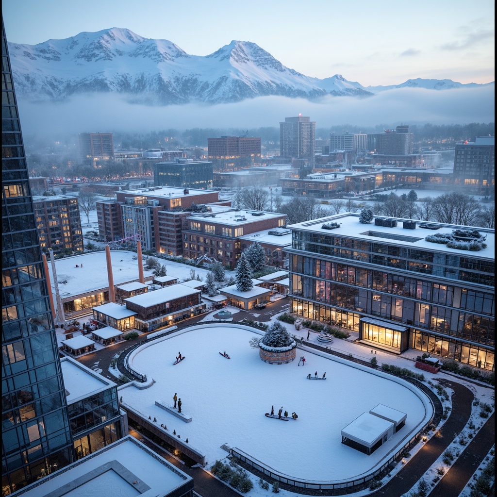 Prompt: Snow-capped urban ski center, modern architecture, sleek glass facades, metallic structures, vibrant neon lights, bustling cityscape, mountain-inspired design, rooftop skiing, snowboarding ramps, ice skating rinks, frozen lakes, winter wonderland, frosty mornings, soft powder snow, misty atmospheric effects, dramatic lighting, shallow depth of field, 1/1 composition, panoramic view, realistic textures, ambient occlusion.