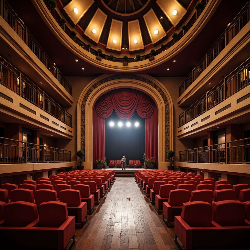 Prompt: Undulating curves, sweeping arches, grand auditorium, plush red seats, ornate balconies, intricate metal railings, polished wooden floors, majestic stage, dramatic spotlights, soft warm ambiance, shallow depth of field, 1/2 composition, symmetrical framing, realistic reflections, ambient occlusion.