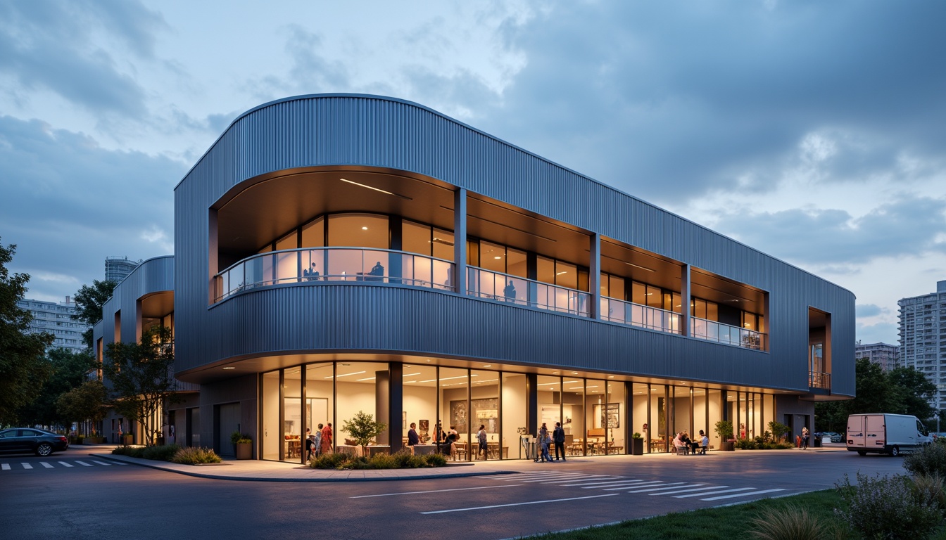 Prompt: Modern distribution center facade, fusion architecture style, sleek metal cladding, curved lines, vibrant LED lighting, large glass windows, automatic sliding doors, loading docks, cargo containers, industrial equipment, concrete floors, urban cityscape background, cloudy sky, warm afternoon light, shallow depth of field, 2/3 composition, realistic textures, ambient occlusion.