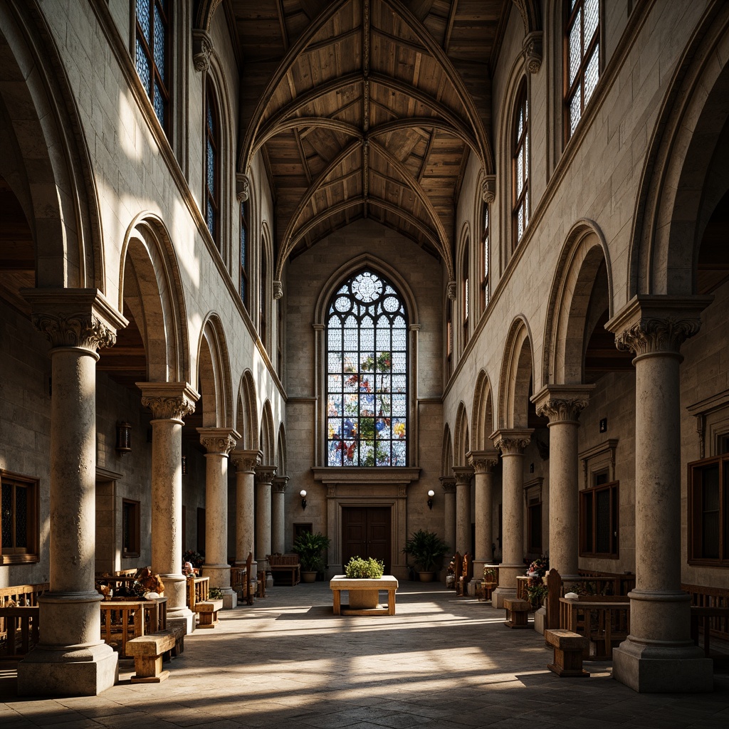 Prompt: Ancient stone cathedral, ornate Gothic architecture, sturdy buttresses, ribbed vaults, pointed arches, grandiose stained glass windows, intricate carvings, weathered stone walls, mystical ambiance, soft warm lighting, dramatic shadows, 1/2 composition, low angle shot, realistic textures, ambient occlusion.