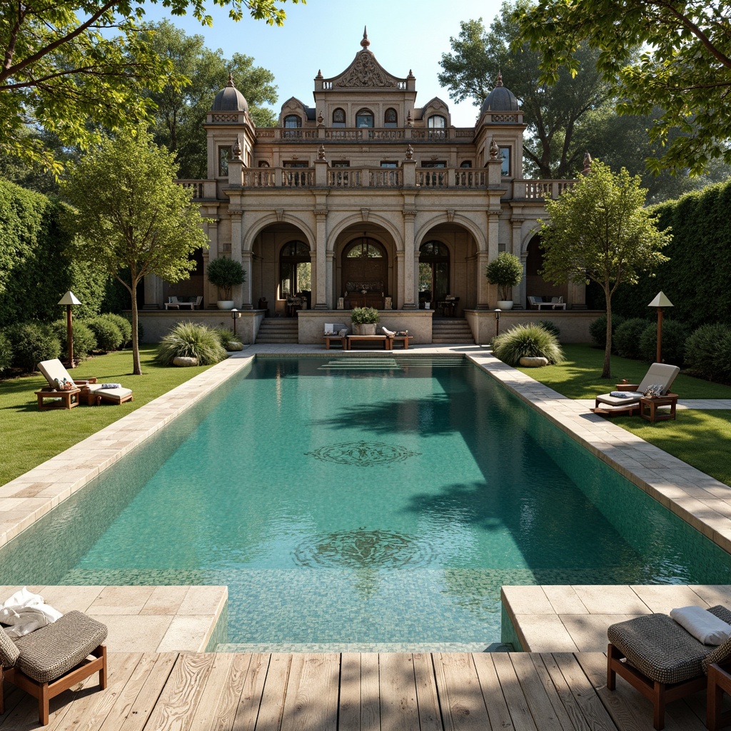 Prompt: Renaissance-style pool, ornate stone carvings, rustic brick walls, turquoise water, lush greenery, surrounding hedges, natural rock formations, wooden pool decks, intricate tile patterns, mosaic artworks, warm sunny day, soft diffused lighting, shallow depth of field, 1/1 composition, realistic reflections, ambient occlusion.