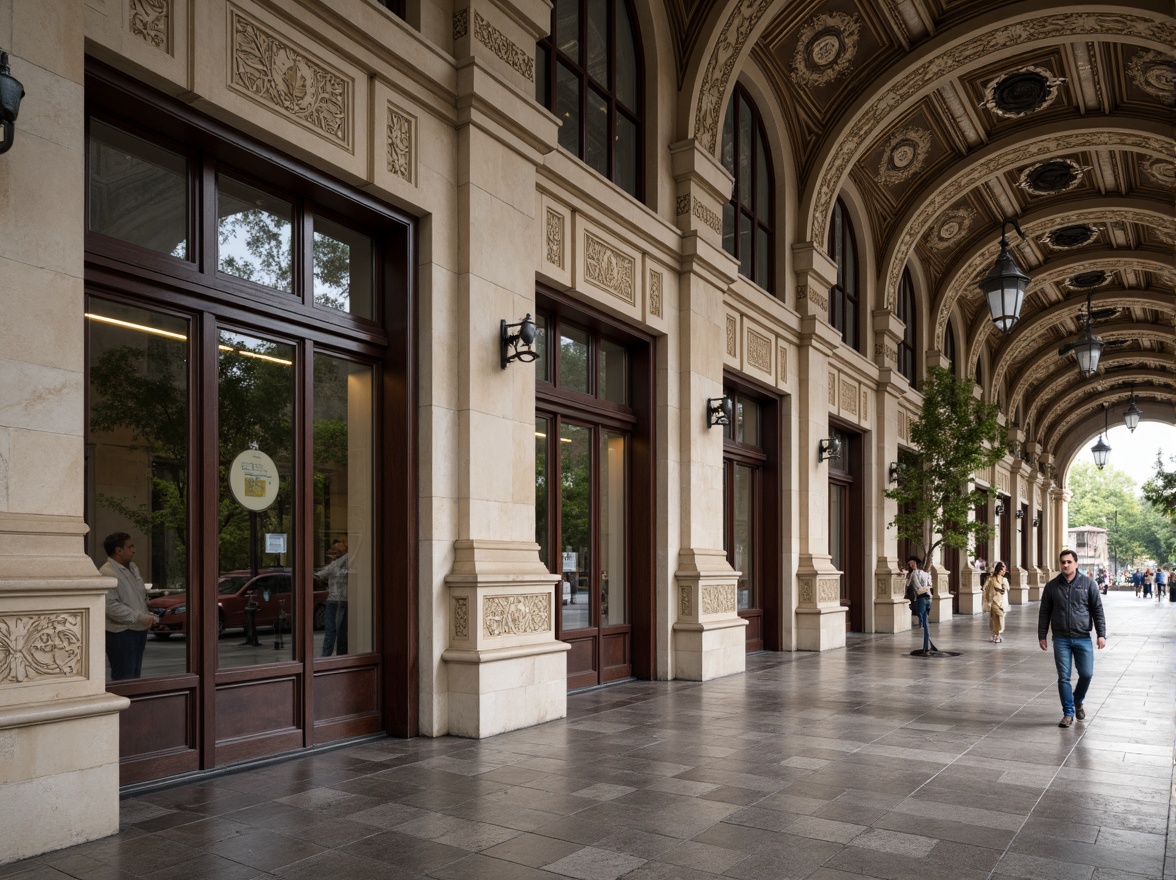 Prompt: Grand tram station, neoclassical facade, ornate details, symmetrical composition, majestic columns, carved stone decorations, vaulted ceilings, large arched windows, intricate metalwork, bronze door handles, elegant lanterns, subtle color palette, soft natural lighting, shallow depth of field, 1/1 composition, realistic textures, ambient occlusion.