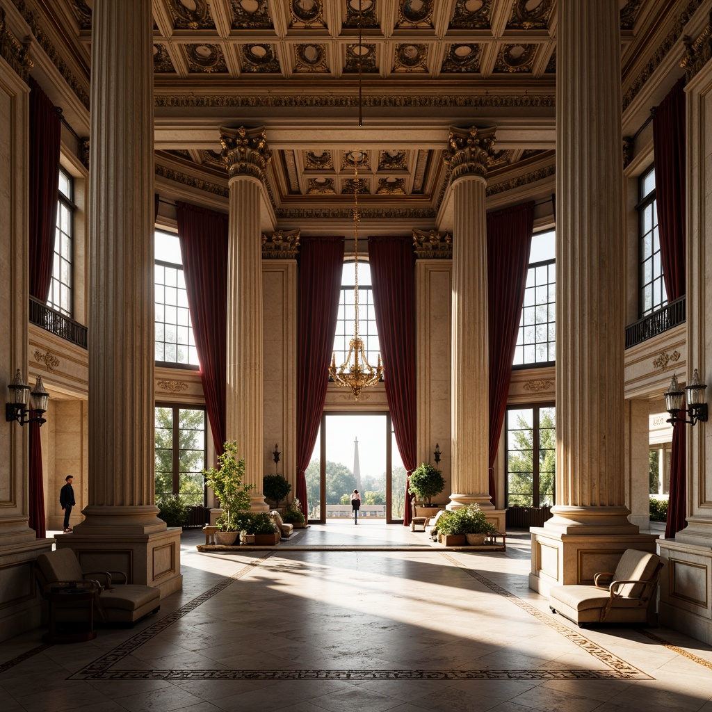 Prompt: Ornate classical buildings, marble columns, intricate carvings, ornamental moldings, velvet drapes, luxurious furnishings, gilded accents, polished stone floors, high ceilings, grand chandeliers, symmetrical compositions, natural light streaming through stained glass windows, soft warm lighting, subtle shadowing, 1/1 composition, realistic textures, ambient occlusion.