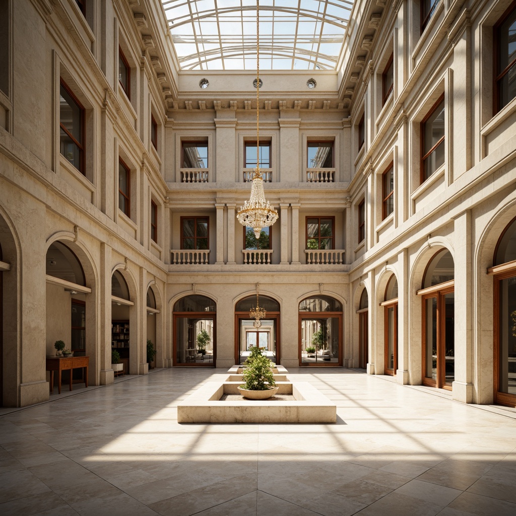 Prompt: Grand neoclassical facade, ornate columns, carved stone details, symmetrical architecture, high ceilings, large windows, arched doorways, crystal chandeliers, marble floors, soft warm natural light, indirect lighting, clerestory windows, skylights, open floor plans, minimal obstruction, reflective surfaces, subtle color palette, elegant interior design, spacious rooms, luxurious atmosphere, sunny day, gentle shadows, 1/1 composition, realistic textures, ambient occlusion.