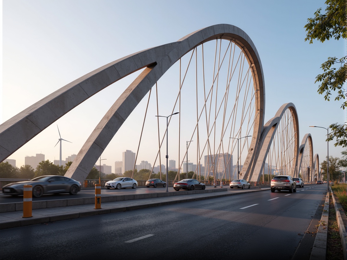 Prompt: Futuristic vehicular bridge, sleek metallic arches, dynamic curves, high-strength steel cables, reinforced concrete pillars, vibrant LED lighting, misty morning atmosphere, soft warm glow, shallow depth of field, 3/4 composition, panoramic view, realistic textures, ambient occlusion, urban cityscape background, busy traffic flow, modern suspension system, advanced collision detection sensors, intelligent transportation systems, eco-friendly asphalt pavement, energy-harvesting wind turbines, sustainable urban planning.