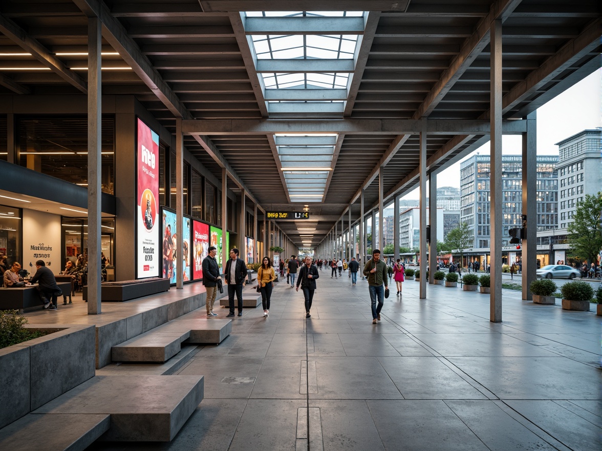 Prompt: Modern tram station, sleek metal framework, silver anodized finish, brushed stainless steel accents, industrial-chic atmosphere, urban cityscape, natural stone flooring, LED lighting systems, minimalist benches, futuristic design elements, vibrant advertisement displays, busy pedestrian traffic, shallow depth of field, 1/2 composition, warm ambient lighting, realistic metallic textures.