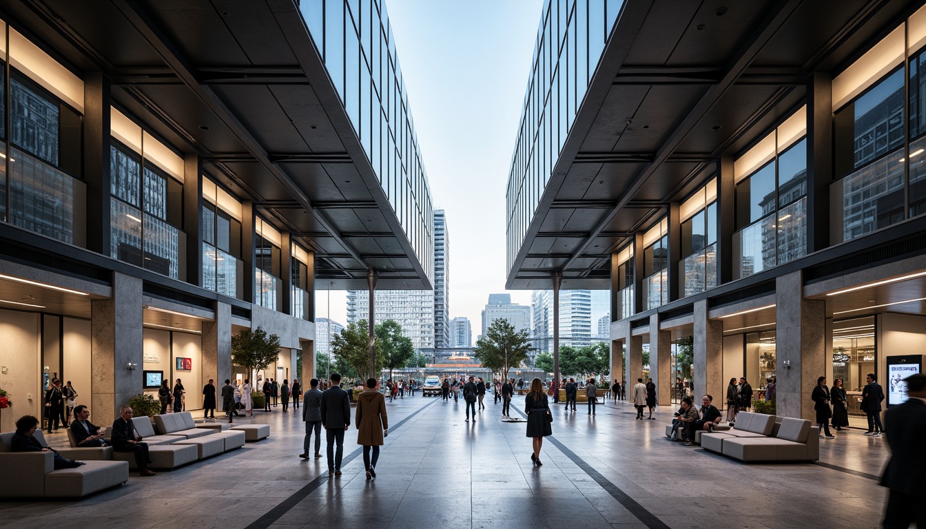 Prompt: Modern train station, sleek glass facade, metallic accents, futuristic curves, grand entrance hall, high ceilings, spacious waiting areas, minimalist seating, digital displays, LED lighting, marble flooring, steel beams, cantilevered roofs, urban cityscape, busy streets, morning rush hour, soft natural light, shallow depth of field, 1/2 composition, symmetrical framing, realistic textures, ambient occlusion.