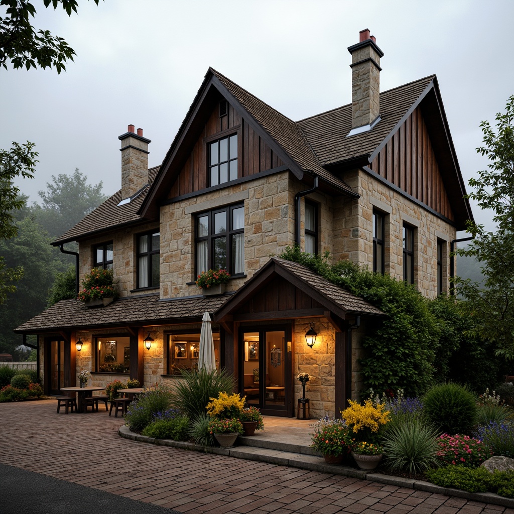 Prompt: Rustic pub exterior, earthy tones, natural stone walls, wooden accents, steeply pitched roof, ornate chimneys, lush greenery, vibrant flowers, regional cultural symbols, traditional folk patterns, warm cozy lighting, soft misty atmosphere, shallow depth of field, 1/2 composition, symmetrical framing, realistic textures, ambient occlusion.