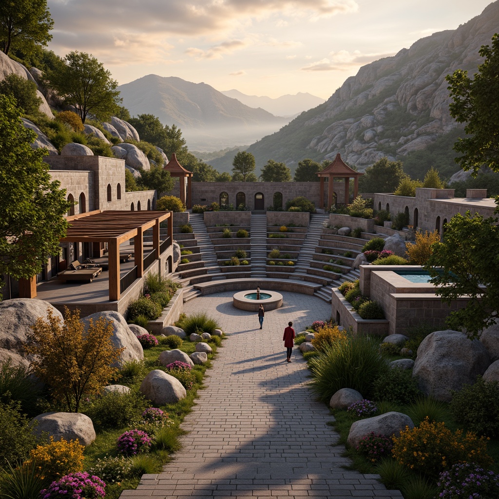 Prompt: Amphitheater-inspired landscape, eclectic architecture, rugged stone walls, lush greenery, vibrant flowers, meandering walkways, scenic overlooks, panoramic views, tiered seating areas, ornate fountains, water features, natural rock formations, wooden pergolas, grand staircases, dramatic lighting, sunset ambiance, warm golden hour, 1/1 composition, cinematic perspective, high-contrast textures, atmospheric mist.