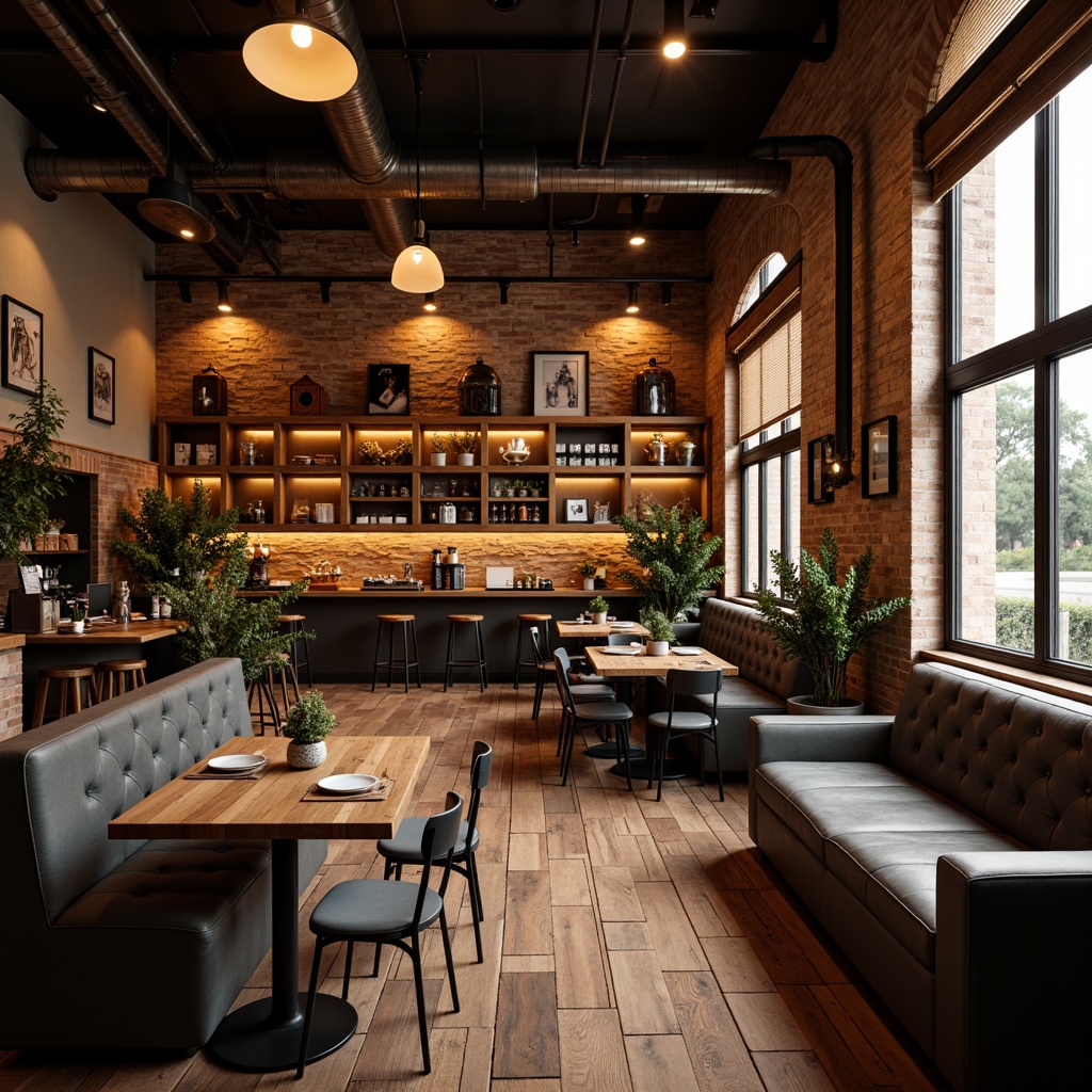 Prompt: Cozy coffee shop interior, warm earthy tones, rich wood accents, industrial metal details, exposed brick walls, comfortable seating areas, plush couches, rustic wooden tables, vintage decorative items, aromatic coffee scents, soft warm lighting, shallow depth of field, 1/1 composition, realistic textures, ambient occlusion.