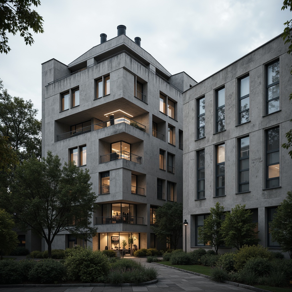 Prompt: Raw concrete buildings, brutalist architecture, fortress-like structures, rugged stone walls, dramatic cantilevered roofs, angular geometric forms, bold structural elements, exposed ductwork, industrial-style lighting, urban campus setting, dense tree clusters, overcast skies, harsh afternoon light, deep shadows, high contrast ratios, 1/1 composition, symmetrical framing, moody atmospheric effects, gritty realistic textures.