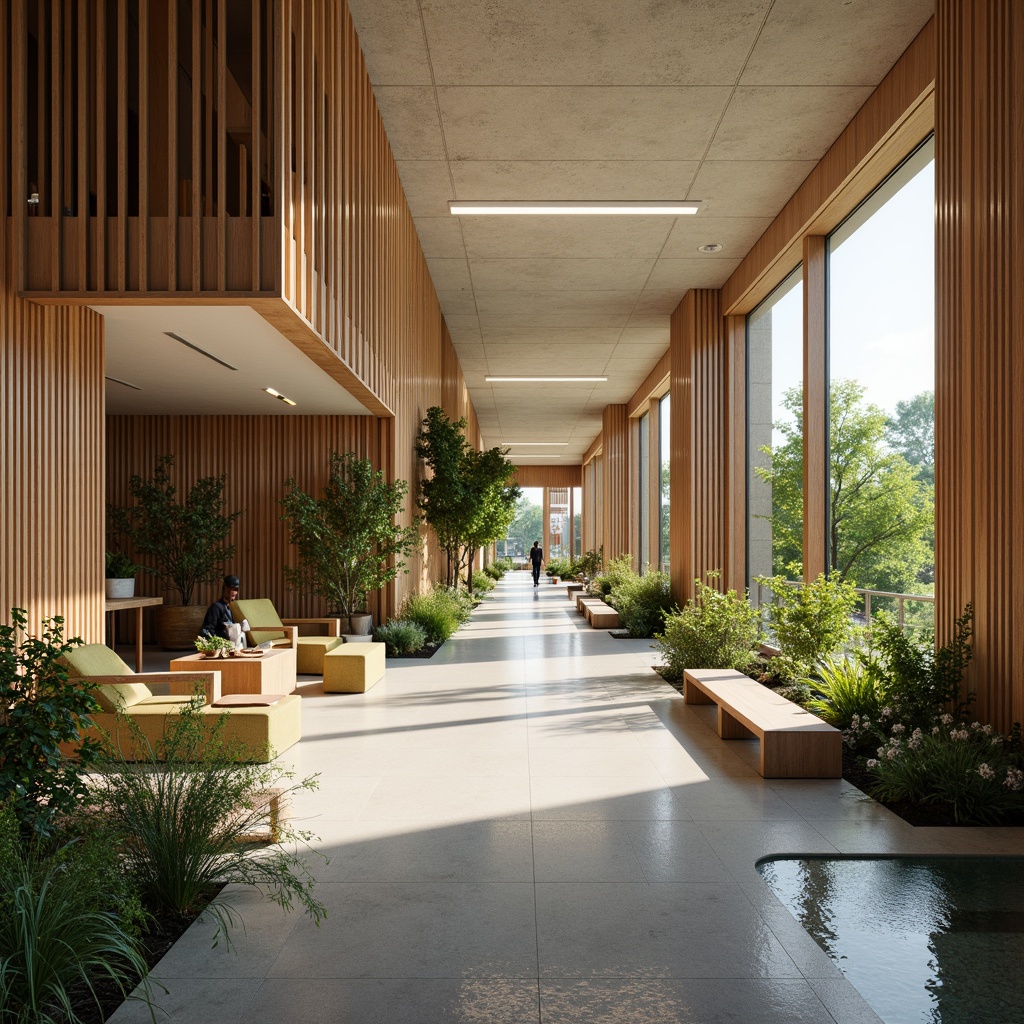 Prompt: Eco-friendly hospital, natural ventilation systems, reclaimed wood accents, low-VOC paint, FSC-certified furniture, energy-efficient lighting, solar panels, green roofs, rainwater harvesting systems, living walls, air-purifying plants, calming water features, minimalist decor, soft warm lighting, shallow depth of field, 1/1 composition, realistic textures, ambient occlusion.