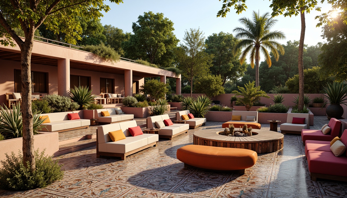 Prompt: Vibrant amphitheater, eclectic seating arrangement, colorful mismatched chairs, rustic wooden benches, plush velvet couches, Moroccan-inspired tiles, intricate geometric patterns, lush greenery, tropical plants, warm sunny day, soft natural lighting, 3/4 composition, shallow depth of field, panoramic view, realistic textures, ambient occlusion.