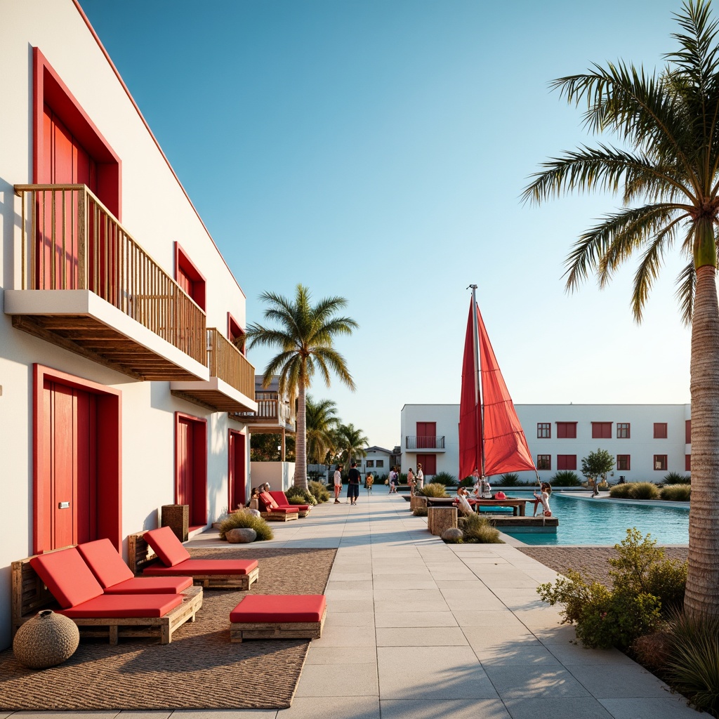 Prompt: Vibrant red accents, coastal modern architecture, white stucco walls, rustic wooden docks, nautical rope details, sailboat-inspired balconies, seaside promenade, clear blue sky, warm sunny day, soft ocean breeze, gentle wave movements, sandy beach textures, driftwood furniture, coral-inspired patterns, bold color blocking, high contrast visuals, 1/1 composition, dramatic shadows, warm golden lighting.