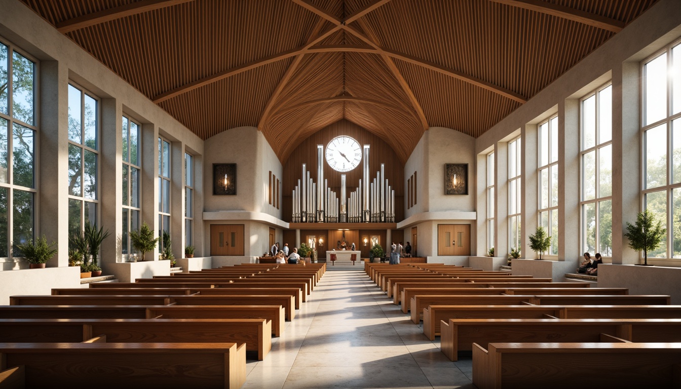 Prompt: Elegant church interior, sleek modernist architecture, minimalist decor, polished marble floors, curved wooden pews, geometric stained glass windows, ribbed vaulted ceiling, dramatic natural light, subtle ambient shadows, soft warm color palette, intricate metalwork details, ornate baptismal fonts, grand organs, symmetrical spatial layout, streamlined shapes, harmonious proportions, 1/2 composition, shallow depth of field, realistic textures, ambient occlusion.